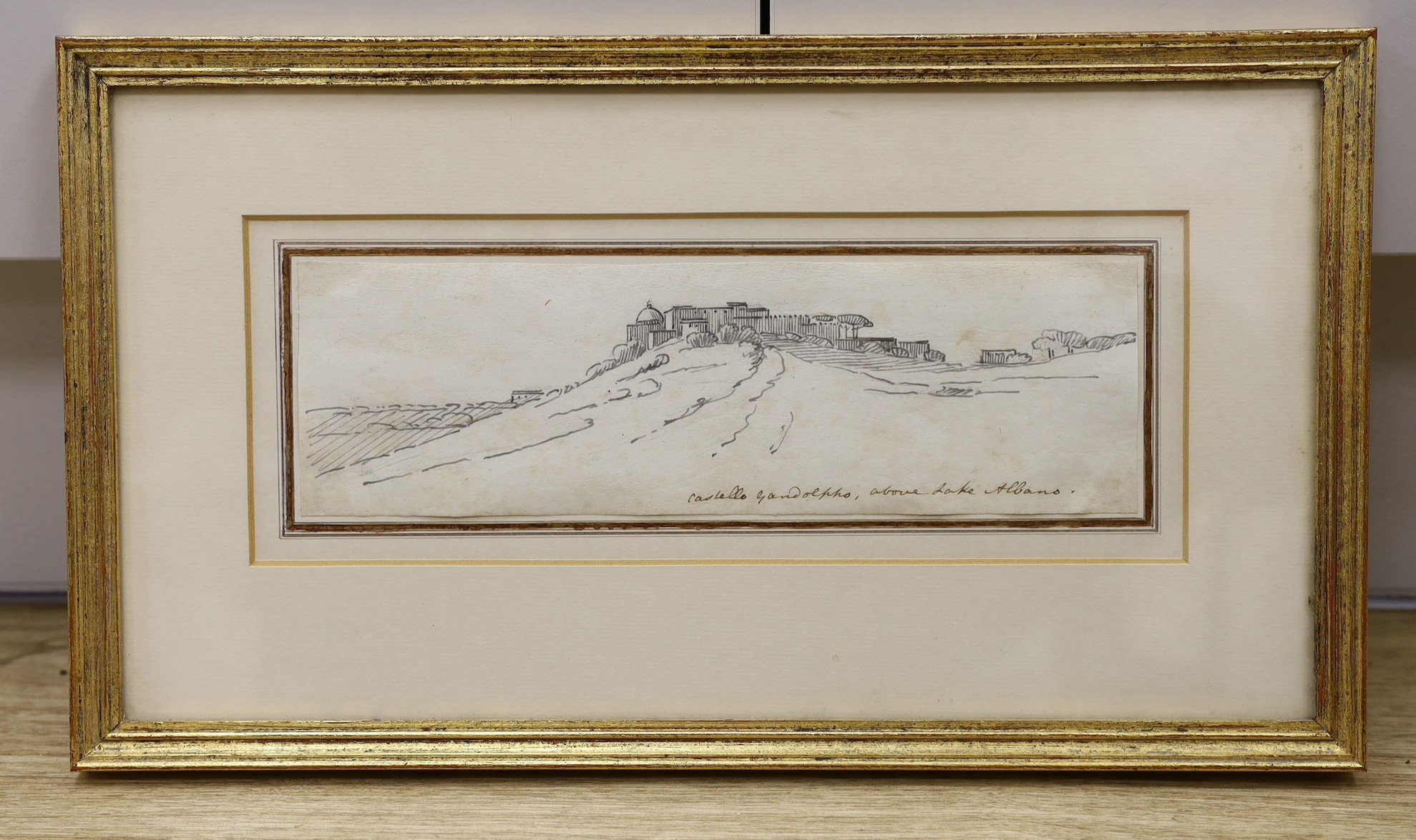 Thomas Smith (fl. 1780-1822), pen and ink, 'Castello Gandolpho, above Lake Albano', titled, inscribed in pencil verso, 8.5 x 27cm